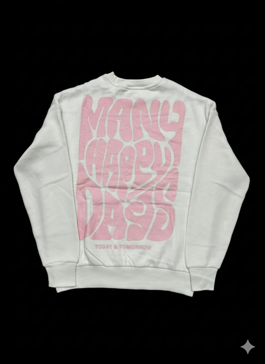 “Many Happy Days” Heart Graphic Sweatshirt – White & Pink